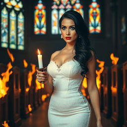 A beautiful, shapely bride with alluring black hair and sparkling light blue eyes, enhanced by heavy frosted aqua eye shadow and bold black eyeliner, walks gracefully toward the viewer