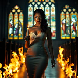 A beautiful, shapely bride with lustrous black hair and sparkling light blue eyes adorned with heavy frosted aqua eye shadow and thick black eyeliner, walks purposefully toward the viewer, holding a single flickering candle