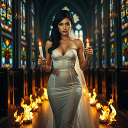 A beautiful, shapely bride with lustrous black hair and sparkling light blue eyes adorned with heavy frosted aqua eye shadow and thick black eyeliner, walks purposefully toward the viewer, holding a single flickering candle