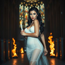 A beautiful, shapely bride with glossy black hair and sparkling light blue eyes, adorned with heavy frosted aqua eye shadow and thick black eyeliner, walks alluringly toward the viewer