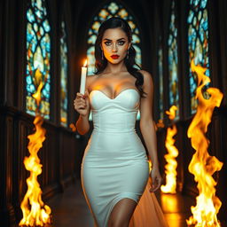 A beautiful, shapely bride with glossy black hair and sparkling light blue eyes, adorned with heavy frosted aqua eye shadow and thick black eyeliner, walks alluringly toward the viewer