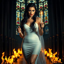 A beautiful, shapely bride with glossy black hair and sparkling light blue eyes, adorned with heavy frosted aqua eye shadow and thick black eyeliner, walks alluringly toward the viewer