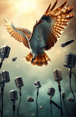 A mystical scene featuring an elegant owl soaring majestically through the air, surrounded by an array of vintage and modern microphones