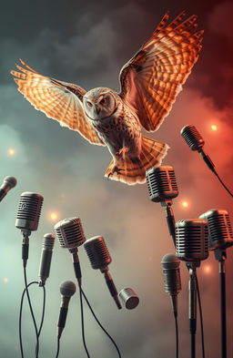 A mystical scene featuring an elegant owl soaring majestically through the air, surrounded by an array of vintage and modern microphones