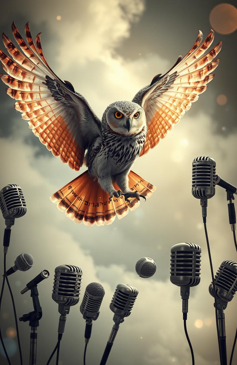 A mystical scene featuring an elegant owl soaring majestically through the air, surrounded by an array of vintage and modern microphones