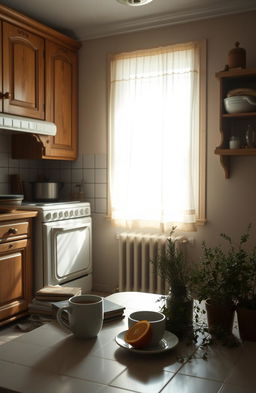 A serene yet melancholic kitchen interior, evoking a sense of nostalgia and warmth