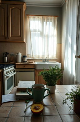 A serene yet melancholic kitchen interior, evoking a sense of nostalgia and warmth