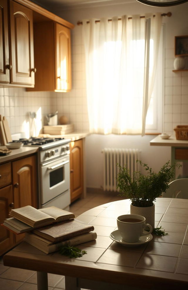 A serene yet melancholic kitchen interior, evoking a sense of nostalgia and warmth