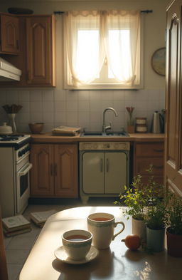 A serene yet melancholic kitchen interior, evoking a sense of nostalgia and warmth