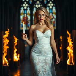 A beautiful and sexy bride with an hourglass figure, featuring luscious blonde hair and sparkling light blue eyes