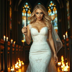 A breathtakingly beautiful and sexy bride with an hourglass figure, sporting flowing blonde hair and sparkling light blue eyes, enhanced with heavy frosted aqua eye shadow and thick black eyeliner