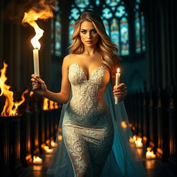 A breathtakingly beautiful and sexy bride with an hourglass figure, sporting flowing blonde hair and sparkling light blue eyes, enhanced with heavy frosted aqua eye shadow and thick black eyeliner