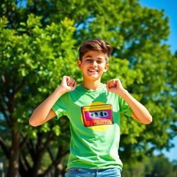 A cheerful teenager wearing a vibrant graphic T-shirt, standing in a sunny park