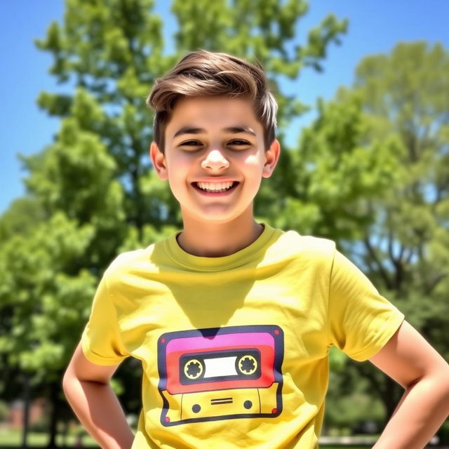 A cheerful teenager wearing a vibrant graphic T-shirt, standing in a sunny park