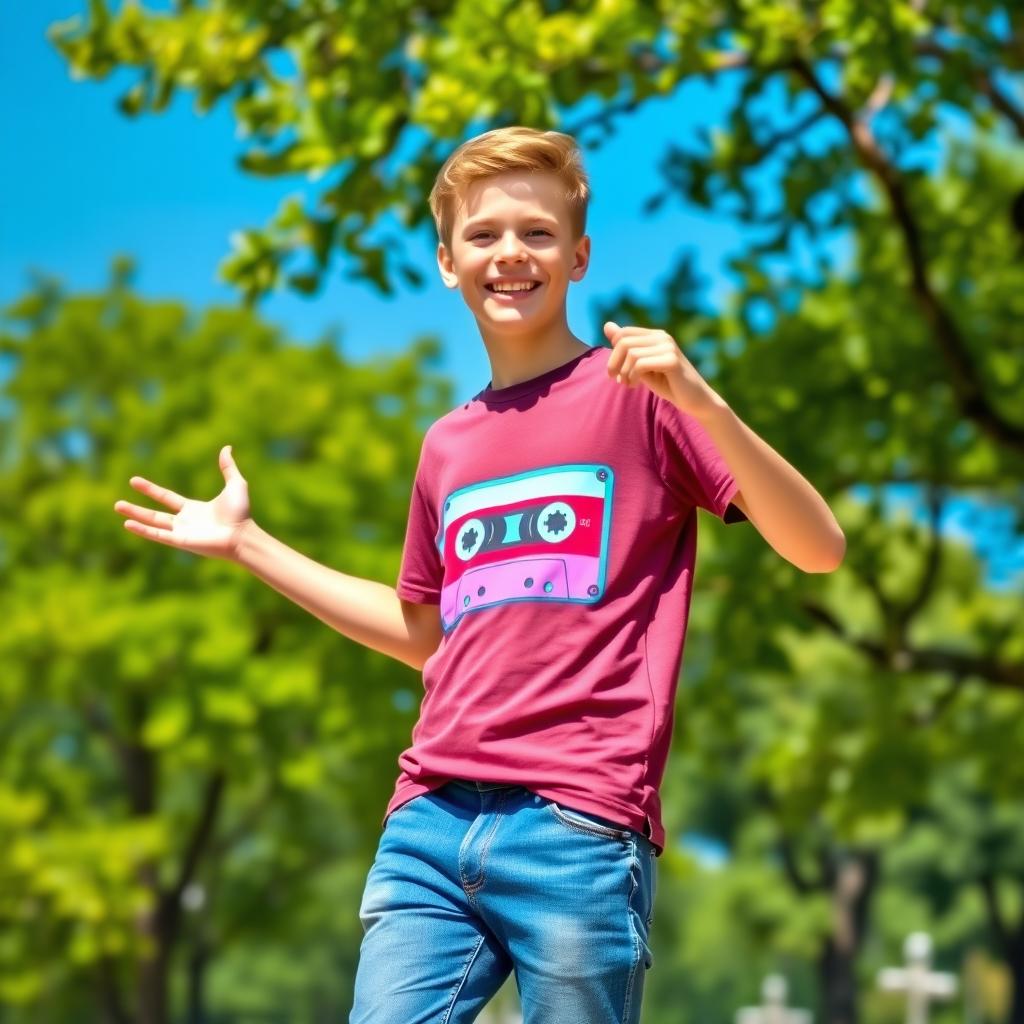 A cheerful teenager wearing a vibrant graphic T-shirt, standing in a sunny park