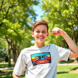 A cheerful teenager wearing a vibrant graphic T-shirt, standing in a sunny park