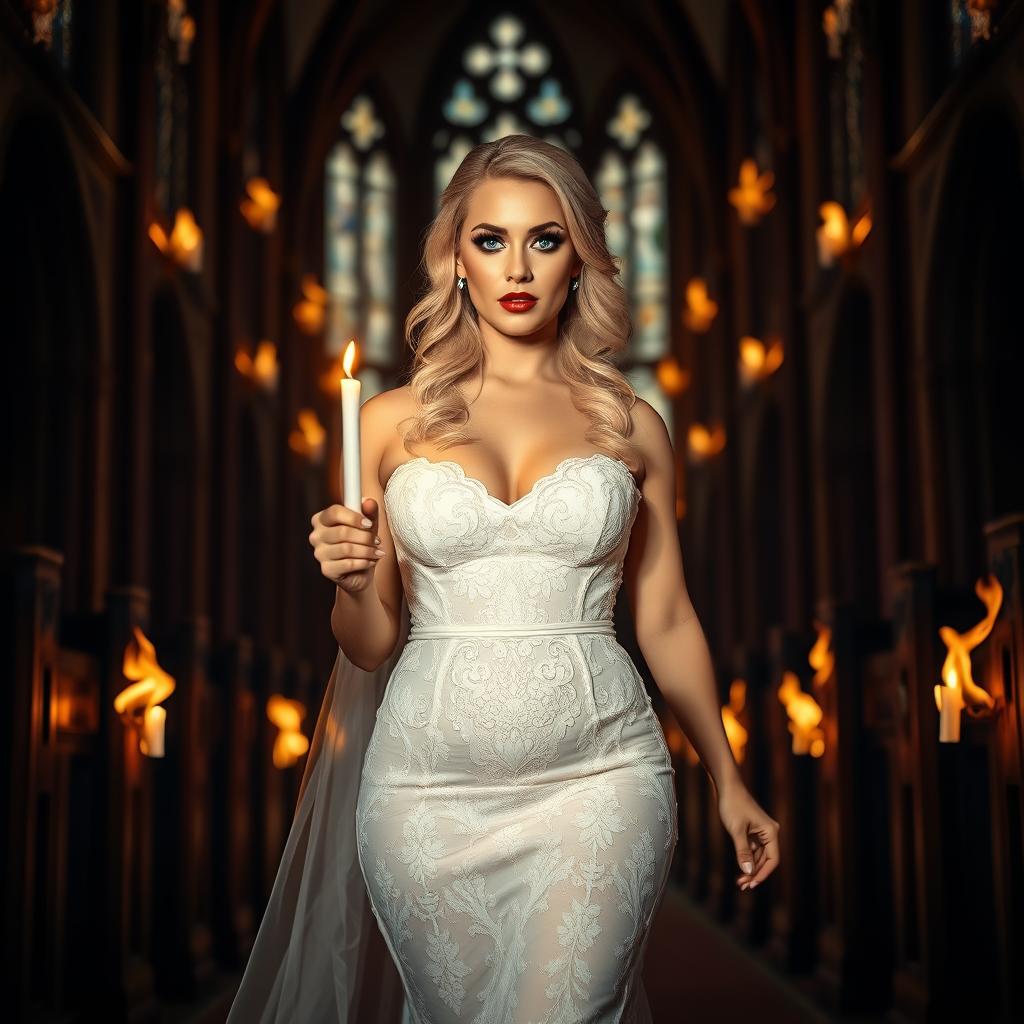 A beautiful and sexy curvy bride with stunning blonde hair and sparkling light blue eyes