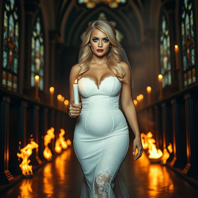 A beautiful and sexy curvy bride with stunning blonde hair and sparkling light blue eyes