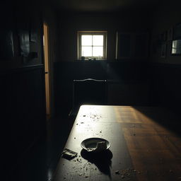 A hyper-realistic vertical image depicting a dimly lit kitchen filled with shadows, evoking a sense of melancholy and solitude