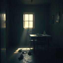 A hyper-realistic vertical image depicting a dimly lit kitchen filled with shadows, evoking a sense of melancholy and solitude