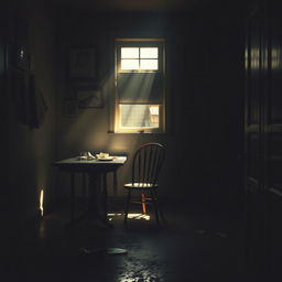 A hyper-realistic vertical image depicting a dimly lit kitchen filled with shadows, evoking a sense of melancholy and solitude