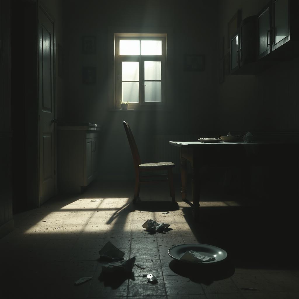 A hyper-realistic vertical image depicting a dimly lit kitchen filled with shadows, evoking a sense of melancholy and solitude