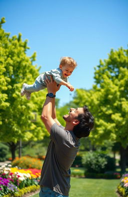 A heartwarming and emotional scene depicting a father and son sharing a joyful moment together in a vibrant park during a sunny day