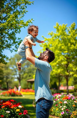 A heartwarming and emotional scene depicting a father and son sharing a joyful moment together in a vibrant park during a sunny day