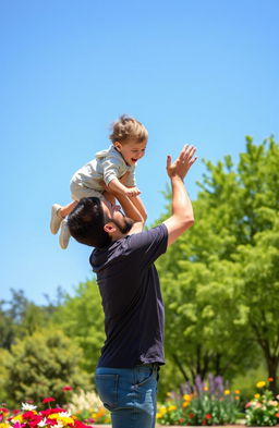 A heartwarming and emotional scene depicting a father and son sharing a joyful moment together in a vibrant park during a sunny day