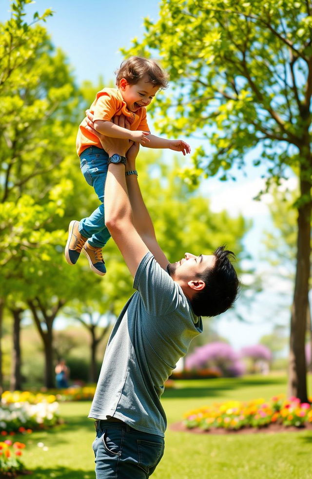 A heartwarming and emotional scene depicting a father and son sharing a joyful moment together in a vibrant park during a sunny day