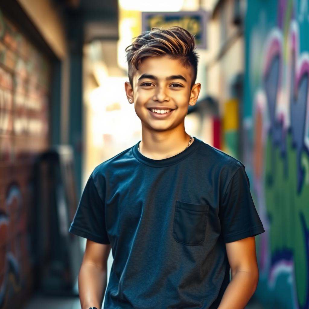 A teenager wearing a stylish T-shirt, standing confidently with a bright smile