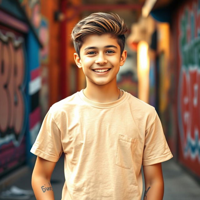 A teenager wearing a stylish T-shirt, standing confidently with a bright smile