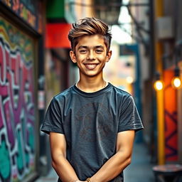 A teenager wearing a stylish T-shirt, standing confidently with a bright smile