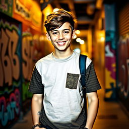 A teenager wearing a stylish T-shirt, standing confidently with a bright smile