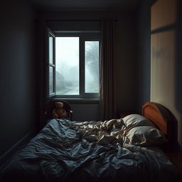 A hyper-realistic vertical image depicting an empty bedroom that exudes a deep sense of melancholy and solitude