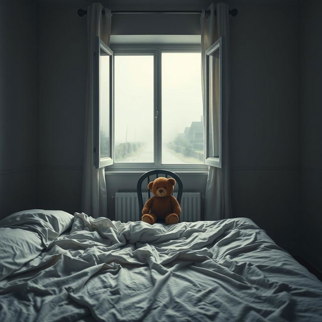 A hyper-realistic vertical image depicting an empty bedroom that exudes a deep sense of melancholy and solitude