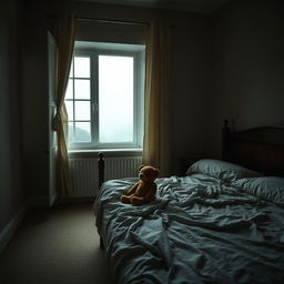 A hyper-realistic vertical image depicting an empty bedroom that exudes a deep sense of melancholy and solitude