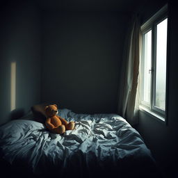 A hyper-realistic vertical image depicting an empty bedroom that exudes a deep sense of melancholy and solitude