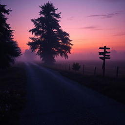 A hyper-realistic vertical image capturing a serene yet melancholic rural road at dusk, symbolizing a journey and a sense of solitude