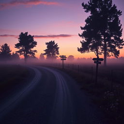 A hyper-realistic vertical image capturing a serene yet melancholic rural road at dusk, symbolizing a journey and a sense of solitude