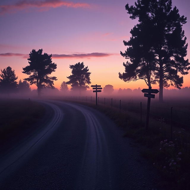 A hyper-realistic vertical image capturing a serene yet melancholic rural road at dusk, symbolizing a journey and a sense of solitude