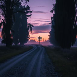 A hyper-realistic vertical image capturing a serene yet melancholic rural road at dusk, symbolizing a journey and a sense of solitude