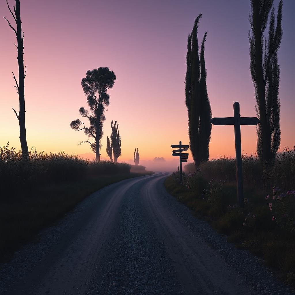 A hyper-realistic vertical image capturing a serene yet melancholic rural road at dusk, symbolizing a journey and a sense of solitude