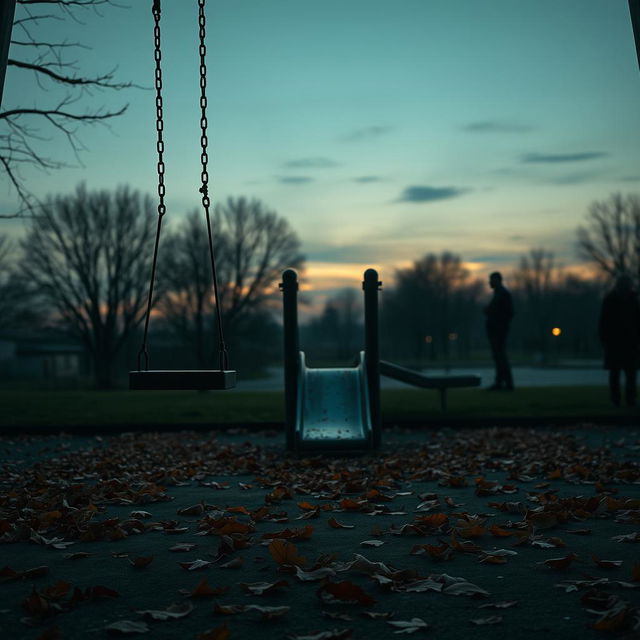 A hyper-realistic vertical image illustrating a lonely playground at dusk, embodying themes of melancholy, solitude, and lost childhood