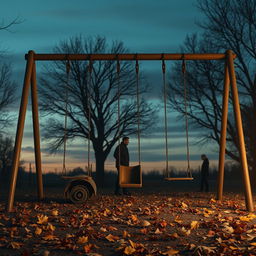 A hyper-realistic vertical image illustrating a lonely playground at dusk, embodying themes of melancholy, solitude, and lost childhood