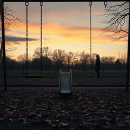 A hyper-realistic vertical image illustrating a lonely playground at dusk, embodying themes of melancholy, solitude, and lost childhood