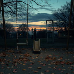 A hyper-realistic vertical image illustrating a lonely playground at dusk, embodying themes of melancholy, solitude, and lost childhood