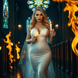 A stunningly beautiful and sexy bride with a curvy shape, cascading blonde hair, and sparkling light blue eyes