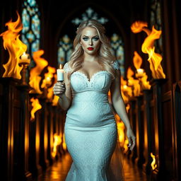 A stunningly beautiful and sexy bride with a curvy shape, cascading blonde hair, and sparkling light blue eyes