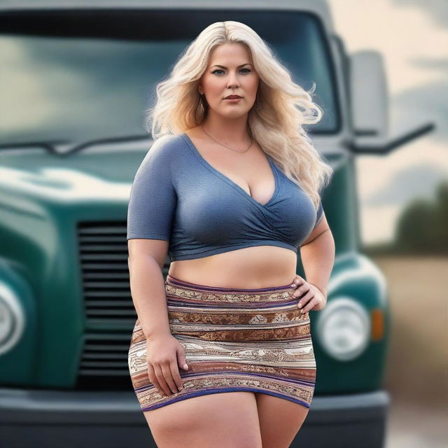 This is a high-resolution digital art image showcasing a beautiful, full-figured Nordic woman, possibly in her 40s, with blonde hair